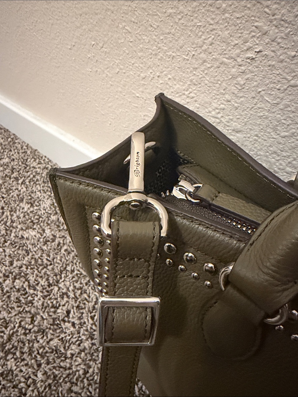 Brighton Studded Olive Green Leather Handbag with Crossbody Strap - Picture 10 of 16